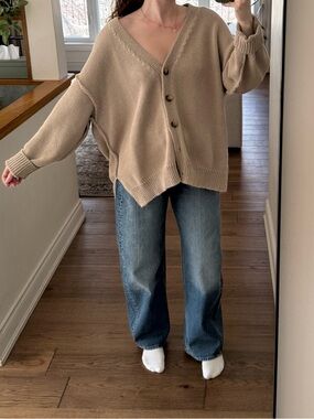 Zara Beige Oversized V‑Neck Button Cardigan